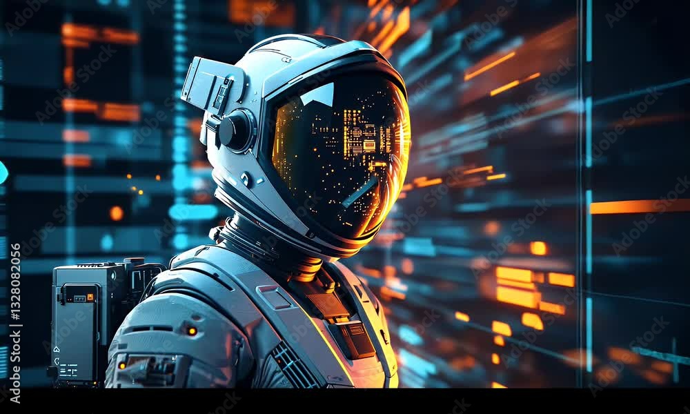 Aufkleber Futuristic astronaut immersed in digital data.  A space-suited figure, seemingly engrossed in a complex system of glowing code and data streams