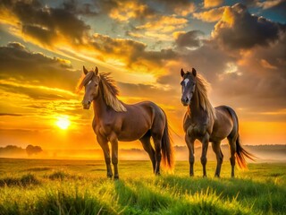 Majestic Wild Horses at Dawn: Panoramic Meadow Backlight Photography