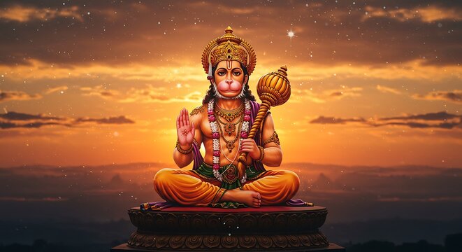 Illustration of Hanuman in lotus pose at sunset - strength and devotion - religious themes.