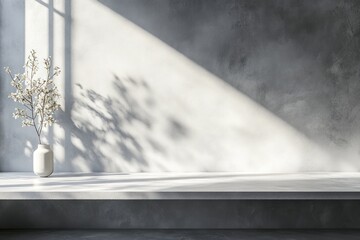 Minimalist interior with sunlit white vase and branches on window sill.