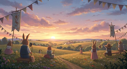Obraz premium Illustration of idyllic countryside fair with anthropomorphic rabbits at sunset - nostalgia, community - children's book illustration