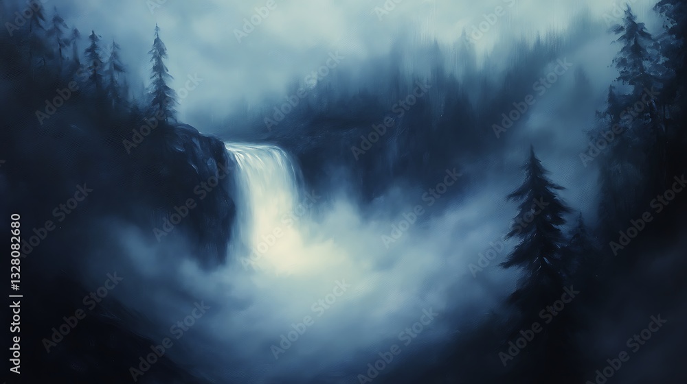 Poster Mysterious waterfall in a foggy forest setting with dense trees and ethereal lighting.