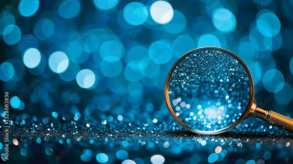 Poster magnifying glass focuses on shimmering blue glitter in a creative display of light and texture durin