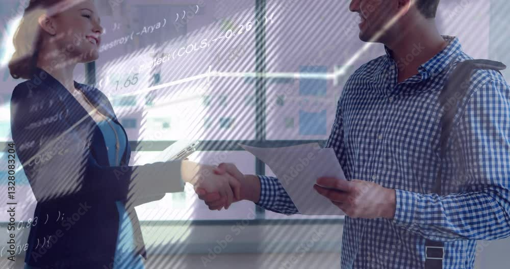 Poster two people shaking hands in office with coding animation overlay