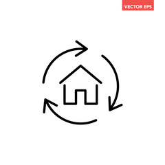 Single black house renovation line icon, simple update home with arrow flat design pictogram vector for app logo ads web webpage button ui ux interface elements isolated on white background