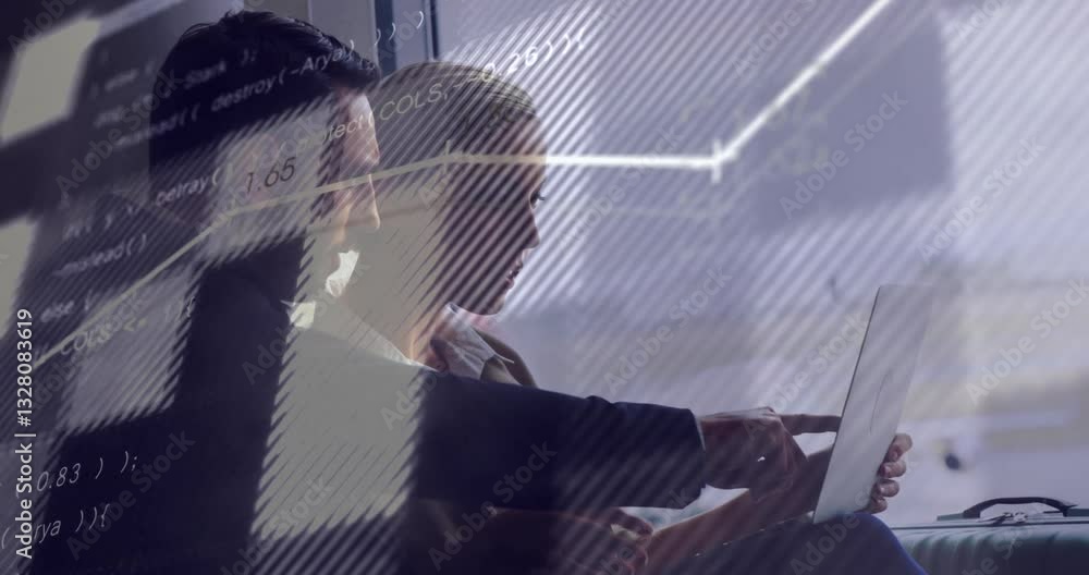 Poster collaborating on laptop, business professionals with coding animation overlay in office