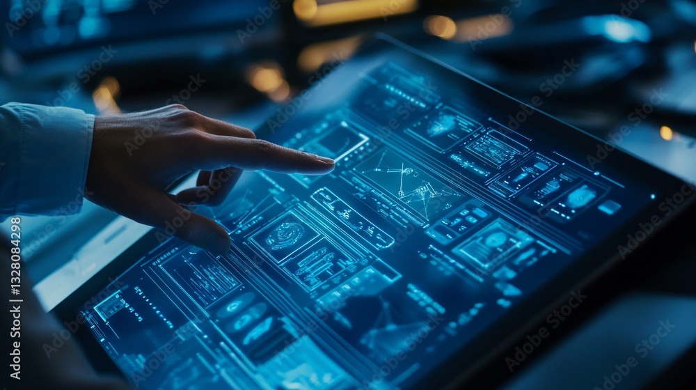 Poster futuristic interface: finger interacting with a high-tech touchscreen display