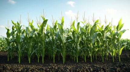 Vast field of corn plants growing tall and green under bright blue sky, representing abundant agricultural productivity