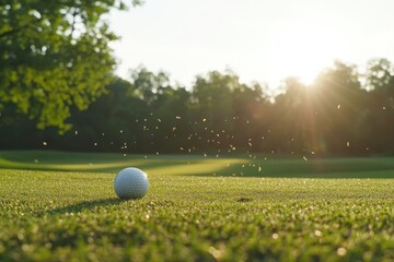 Golf Ball on Green Turf at Sunrise with Sparkling Dew Drops