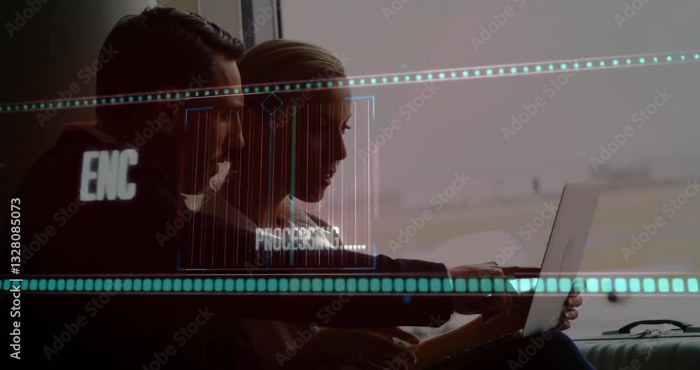 Poster business professionals working on laptop with data processing animation overlay