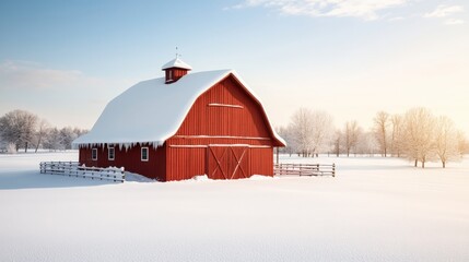 Beautiful red barn surrounded by a winter wonderland with snow-covered roof and scenic landscape in a peaceful setting