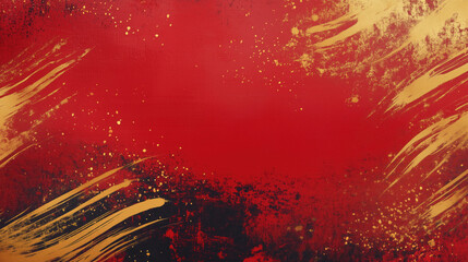 Elegant Red Background with Golden Brushstrokes, Abstract Lines, and Traditional Chinese Calligraphy-Inspired Design with Gold Border
