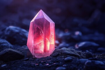 Background with a pink crystal on dark rocky ground, AI-generative