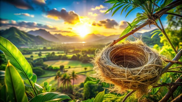 Mauritius Weaverbird Nest Double Exposure: Tropical Bird Building Home