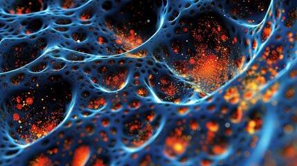 Abstract blue and orange network with glowing particles, creating a mesmerizing visual depth.