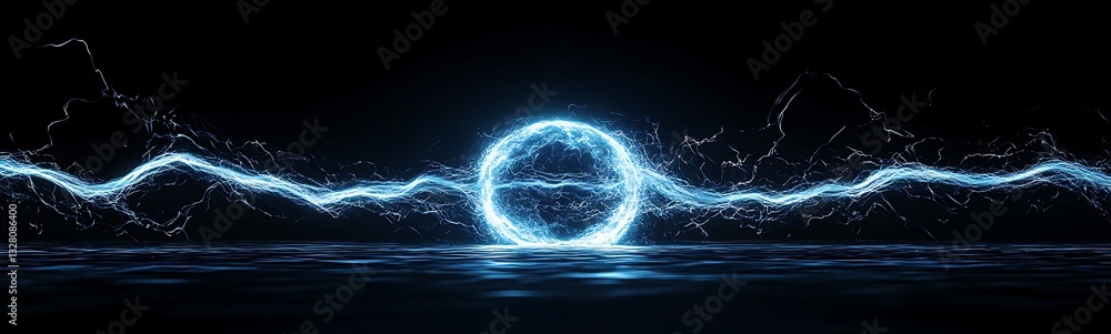 Poster a glowing sphere emits electric sparks against a dark background, creating a dynamic visual effect.