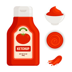 Ketchup bottle with tomato label, sauce in bowl, swirl, and splash. Condiment, food seasoning, and fast food concept. Flat vector illustration isolated on white background