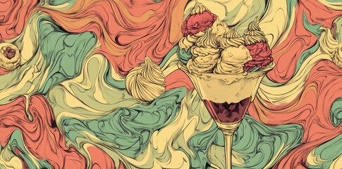 A colorful artistic depiction of a layered dessert sundae