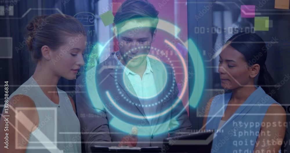 Poster collaborating business professionals using digital interface with data processing overlay
