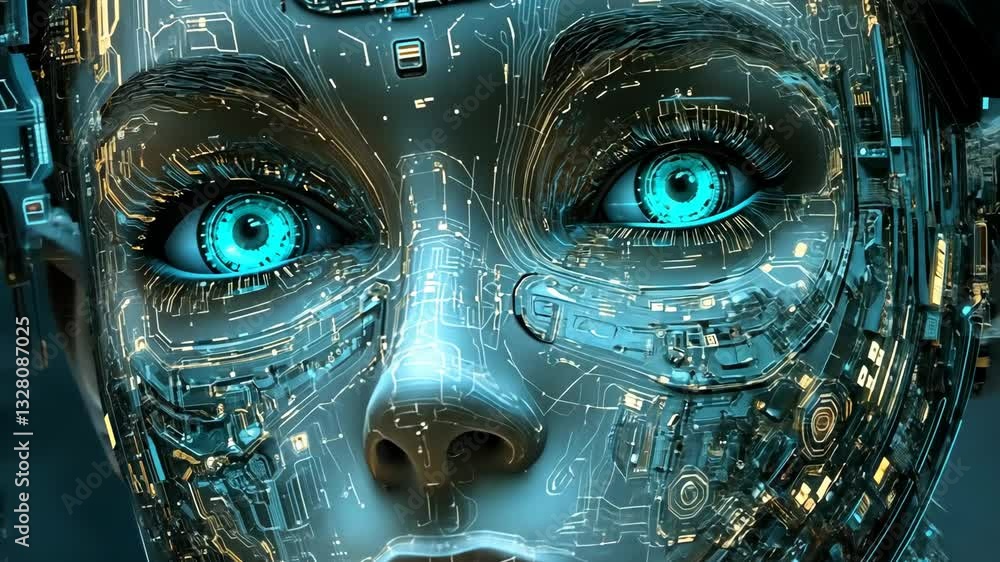 Poster robot face with blue eyes and intricate circuitry design, showcasing advanced technology and artific