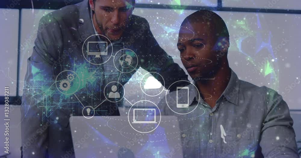 Poster collaborating on computer, two men with digital network animation overlay