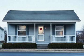 Naklejka premium A cozy blue house with heart decorations on the windows and door, creating a welcoming and festive atmosphere, perfect for Valentine’s Day or a romantic home.