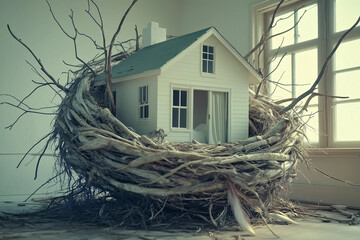 A miniature house nestled inside a bird's nest made of twigs, symbolizing comfort, protection, and nature's embrace.