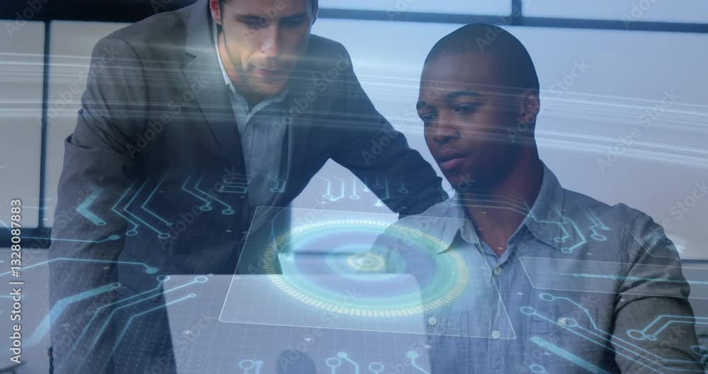 Aufkleber collaborating in office, two men using futuristic animation on digital interface
