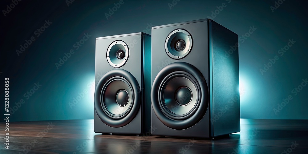 Aufkleber studio monitors above shot with bokeh effect, dynamic action freeze, clean design, flat lay on solid