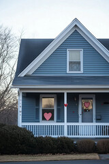 A blue house decorated with heart-shaped ornaments on the windows and door, creating a cozy, romantic atmosphere perfect for Valentine’s Day or festive seasons.