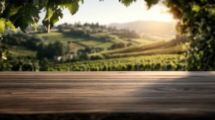 Fototapeta premium Empty wooden table overlooking scenic vineyard landscape with rows of grapevines under clear blue sky and bright sun
