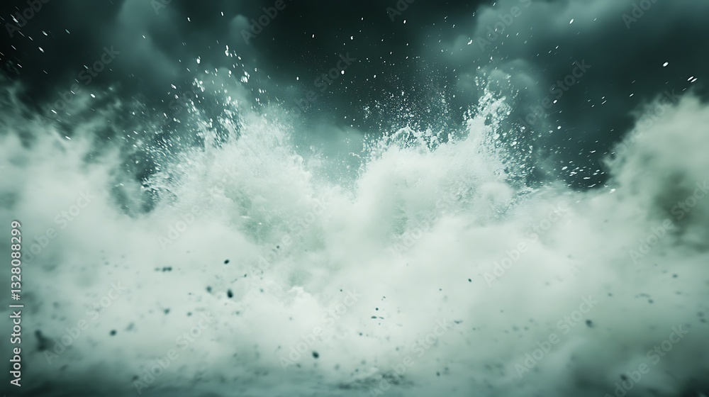 Poster dramatic ocean waves crashing with splashes and dark stormy clouds in the background.