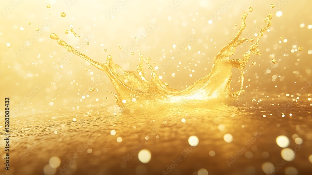 Poster golden liquid splash with sparkling droplets on a shimmering surface.