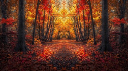Autumn Forest Path with Red and Gold Leaves