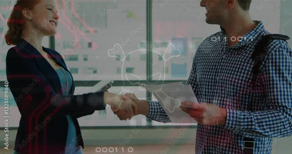 Poster digital skull and binary code overlay on handshake between two people in animation