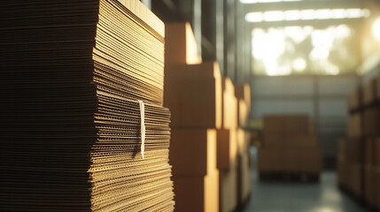 Neatly stacked cardboard in a warehouse, highlighted in a close-up shot, ideal for themes of storage and supply chain management