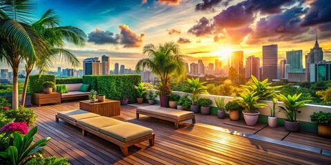 Fototapeta premium Miami Rooftop Garden: Sleek Wooden Furniture, Lush Plants & City Skyline Double Exposure