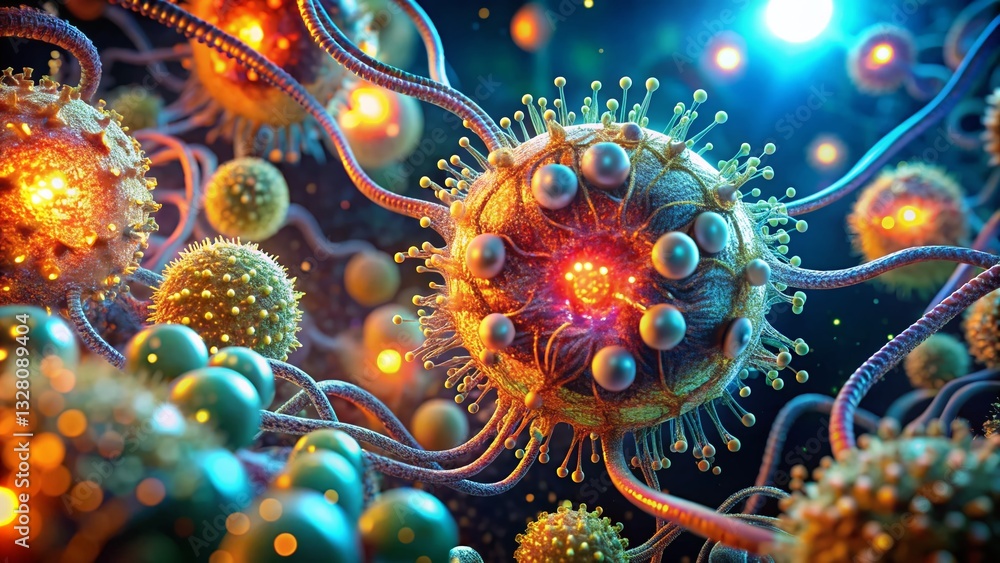 Poster microscopic 3d rendering: bacterial flagellar motor-hook complex rotating in low light