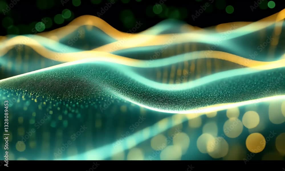 Poster Abstract glowing wavy lines with shimmering particles.  Dynamic, textured surface with a blend of teal and gold hues, creating a mesmerizing effect