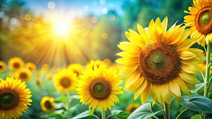 Obraz premium Sunflowers Background, Yellow Sunflower Field, Summer Floral Image, White Space, Text Overlay, Blank Template, Floral Design, Sunflower