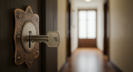 Obraz premium Key in ornate lock, hallway background