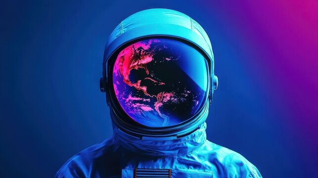 An astronaut helmet reflects a colorful view of planet earth