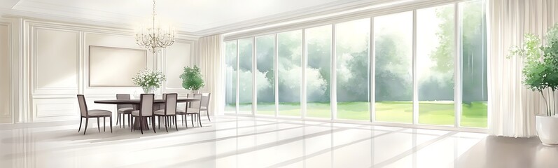Bright and airy dining area with large windows showcasing greenery outside.