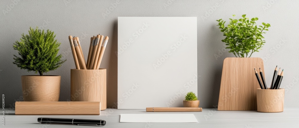 Poster simple desk displaying blank paper and pen ready for notes or creative ideas in a clean and modern w
