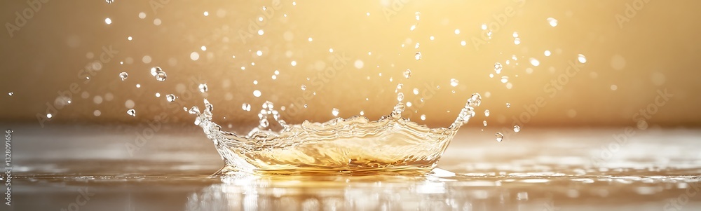 Aufkleber golden liquid splash with sparkling droplets on a reflective surface.