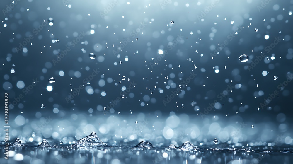 Poster raindrops falling on a surface, creating a soothing and tranquil blue atmosphere.