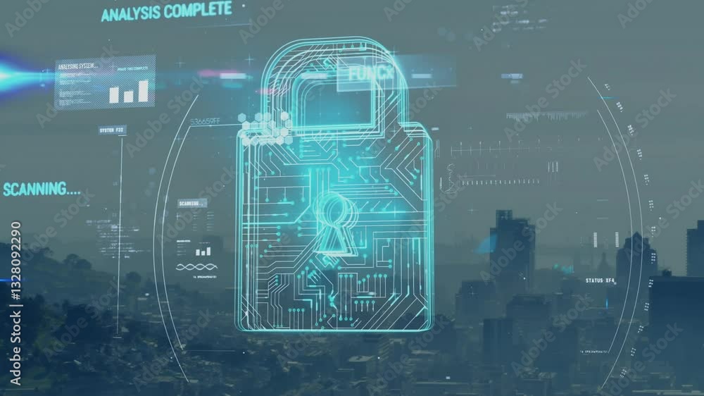 Poster Digital lock animation over cityscape, highlighting data security and encryption