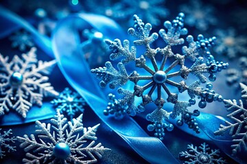 Microscopic Snowflakes & Silk Bows: Frozen Winter Wonderland - Deep Blue Stock Photo