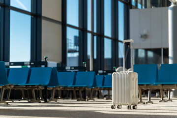 Travel, The suitcases in an empty airport hall, traveler cases in the departure airport terminal waiting for the area, vacation concept, blank space for text message or design