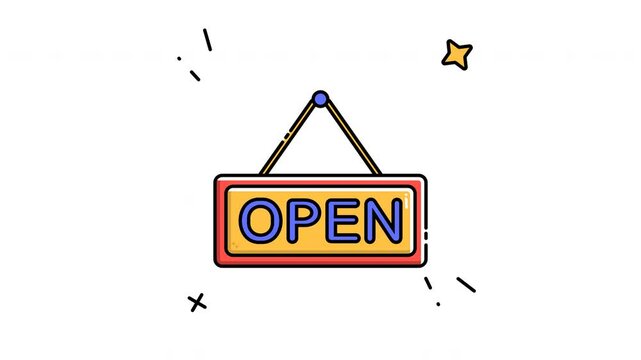 Animated open signboard filled line icon on transparent background, ecommerce animation, 4k video motion graphic with alpha channel, use for web design, mobile apps, ui design